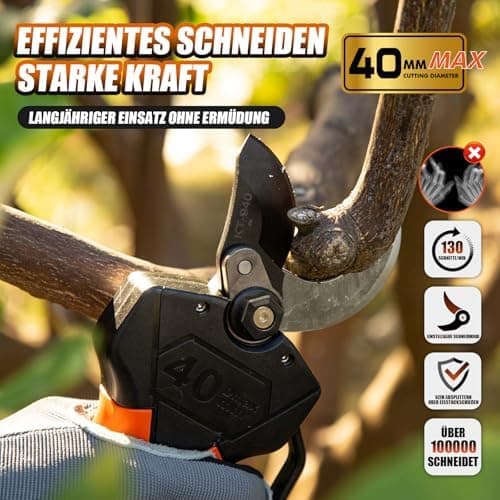 Kebtek Elektrische Gartenschere 40MM - Professionelle Akku Gartenschere 18V, 2Pack 2AH Lithium Batterie