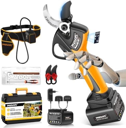 SWANSOFT Schrittweise Aktualisierung 21V Elektrische Gartenschere 1050W, 4000mAh Akku x2, Bürstenloser Motor LCD Display