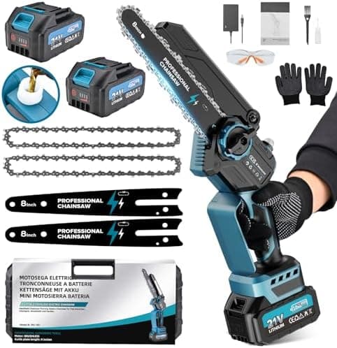 Mini Kettensäge mit 2 Akku und 8000mAh/21V, ideal für Gartenarbeit und DIY-Einhand Kettensäge der Baumsäge. Elektrische