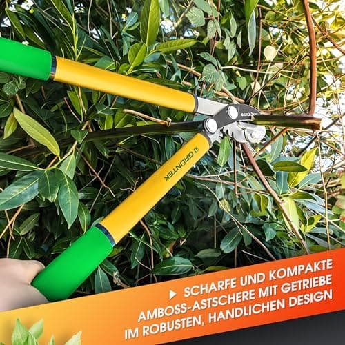 GRÜNTEK GRIZZLY Metall-Amboss Heckenschere – Antihaftbeschichtung, 60mm Klingenlänge, 2-fach-Getriebe, ergonomische Grif