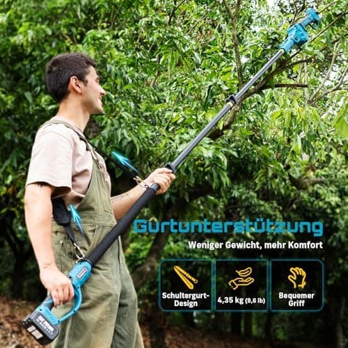 SEESII Akku Elektrische Gartenschere PS041Pro - 4,5 m Reichweite, 2x 4,0Ah Akkus, Brushless Motor, SK5 Klinge
