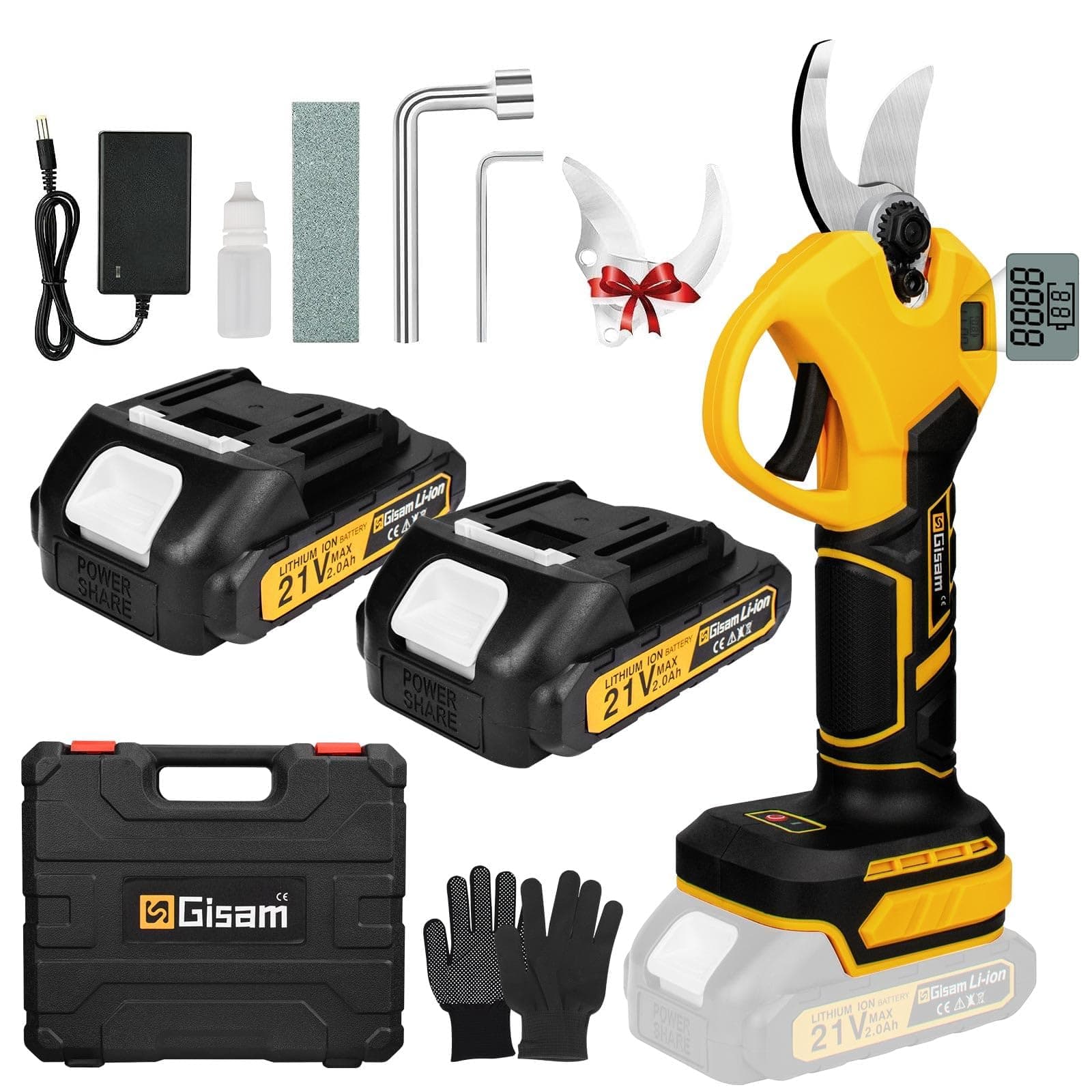 Gisam Akku Gartenschere Gelb - Elektrische Astschere 40MM mit 2 x 2Ah Batterien & LCD Display - Hecken & Obstbaums Besch