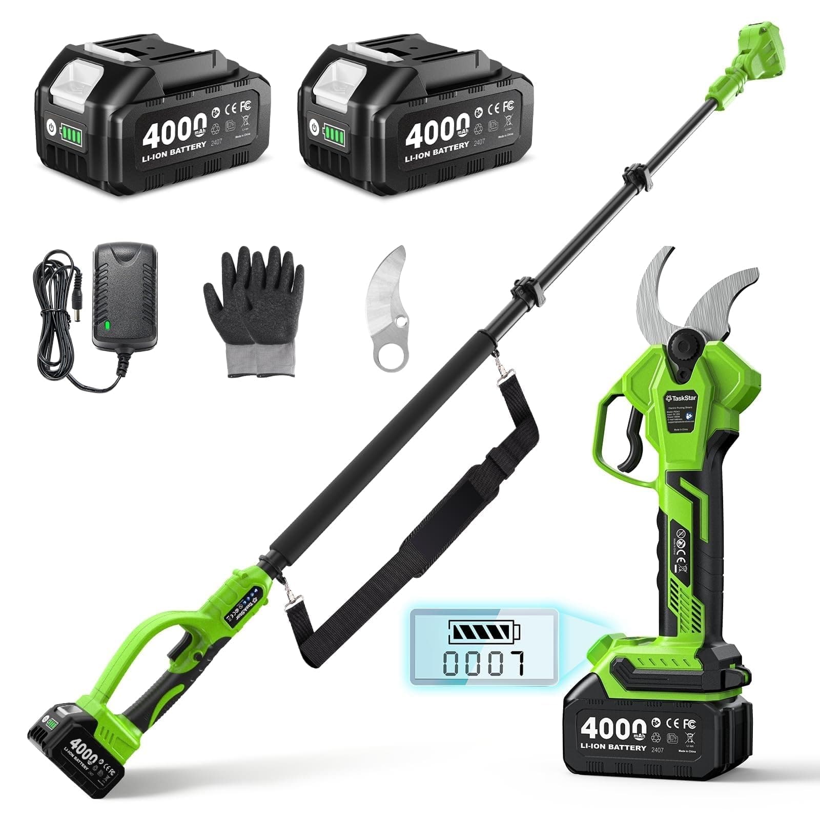 TaskStar Akku Gartenschere 2-in-1: Teleskopstange bis 4,5 m, 2 x 4000mAh Batterie, Bürstenloser Motor, 4 modi Klinge für