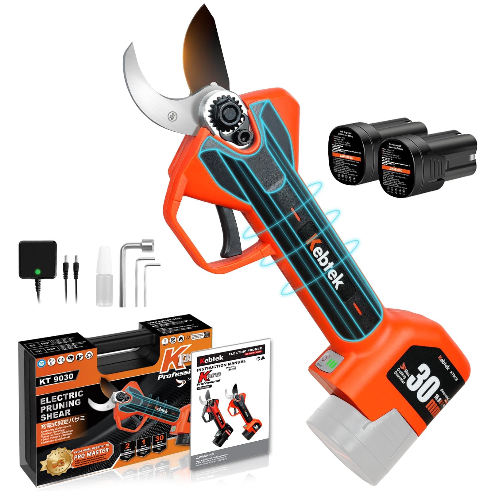 Kebtek Professionelle 2025 NEU Elektrische Gartenschere, 16.8V 30mm Laufzeit 8-10H Sicherheitsschalter, Heavy Duty Garte