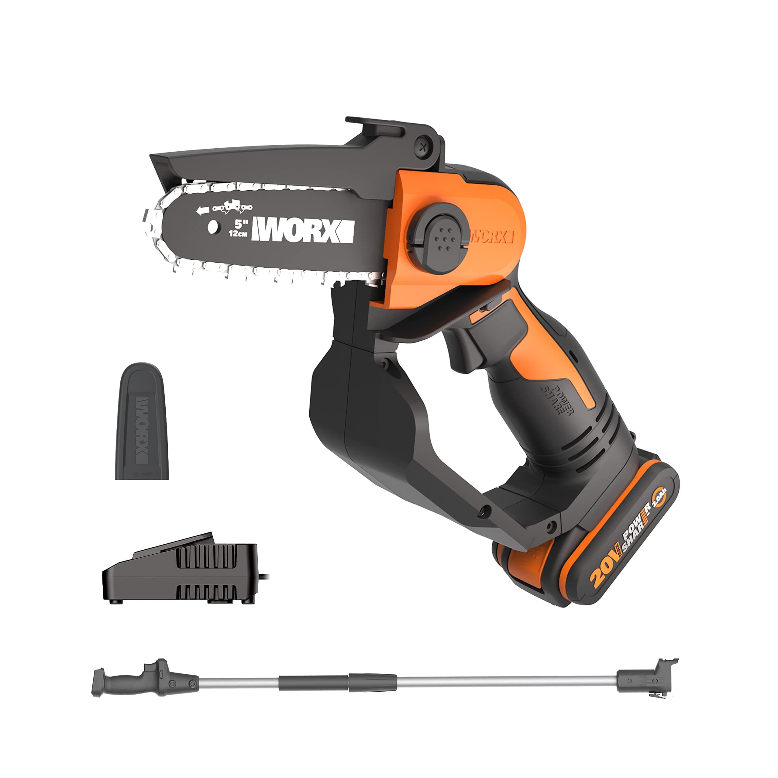 WORX Akku Mini Kettensäge 18V MAX PowerShare 12 cm vibrationsarm leicht Verlängerungsstange 1 Akku 1 Ladegerät