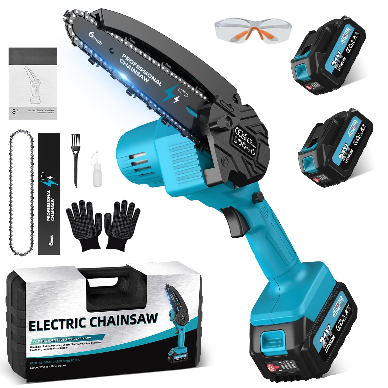 Mini Kettensäge mit Akku 2x4000mAh + Automatische Öler + DIY + Elektrische Akku Kettensäge für Gartenarbeiten + Compact