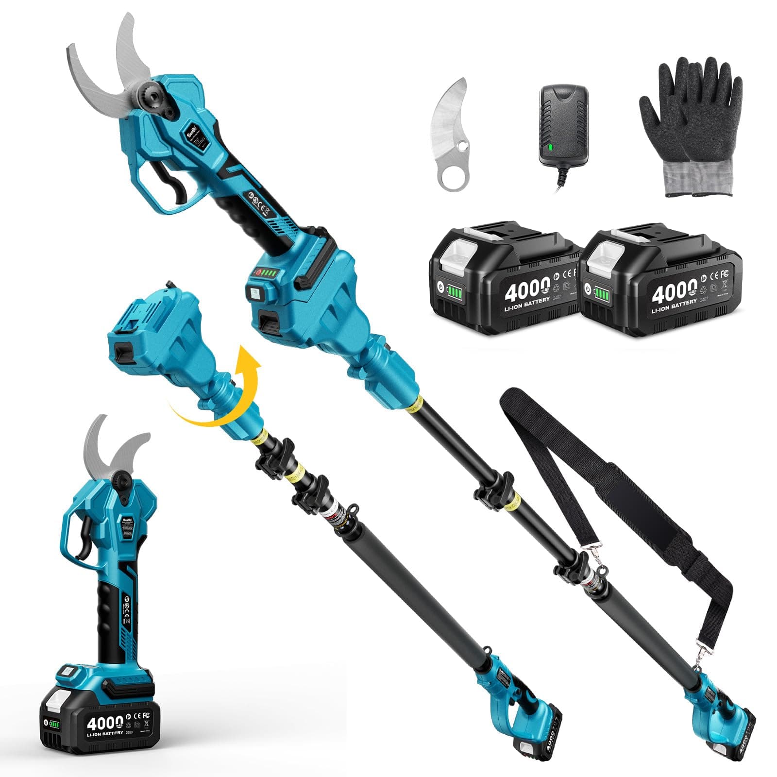SEESII Akku Elektrische Gartenschere PS041Pro - 4,5 m Reichweite, 2x 4,0Ah Akkus, Brushless Motor, SK5 Klinge