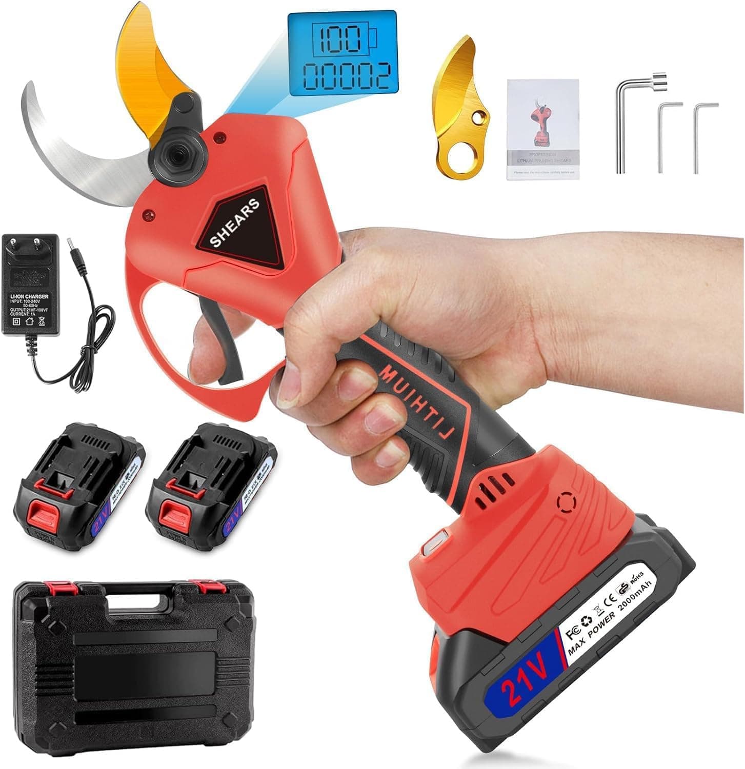 Elektra Akku-Elektrische Gartenschere, 4000mAh Display-Gartenschere, 900W bürstenloser Motor