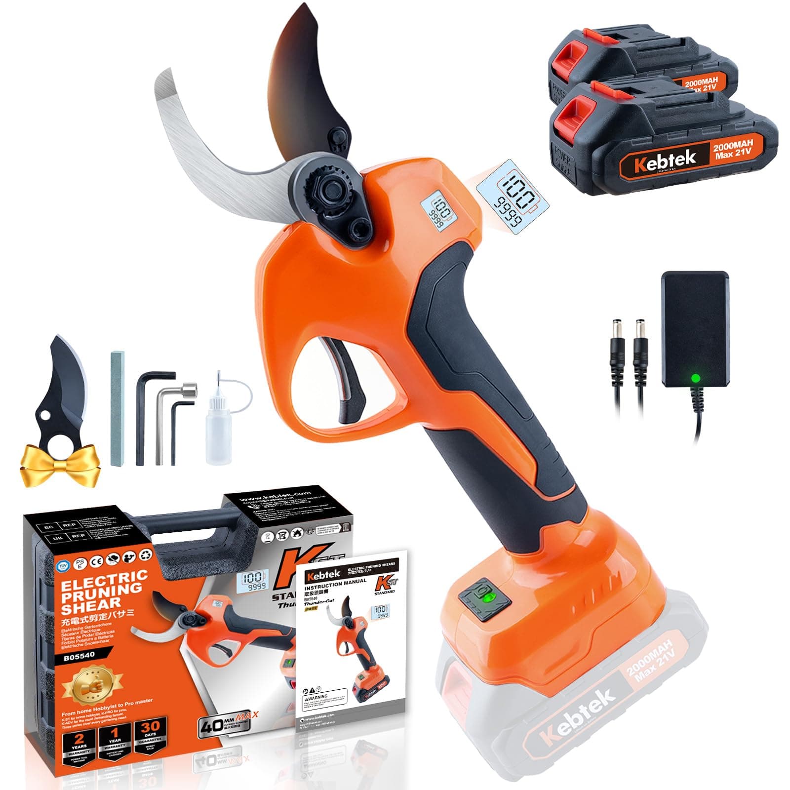 Kebtek Akku Astschere 40mm Profi 4000mAh Batterie für Gartenbau Buchsbaumrosenschere Elektrisch Elektrische Gartenschere