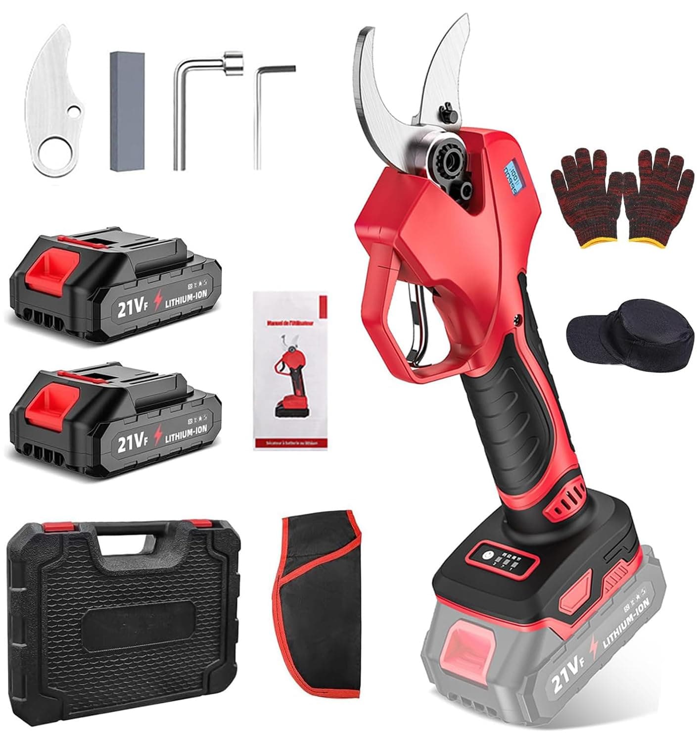 Akku Astschere für Gartenarbeit: 50mm Elektrische Gartenschere mit 2 Akkus und LCD-Bildschirm