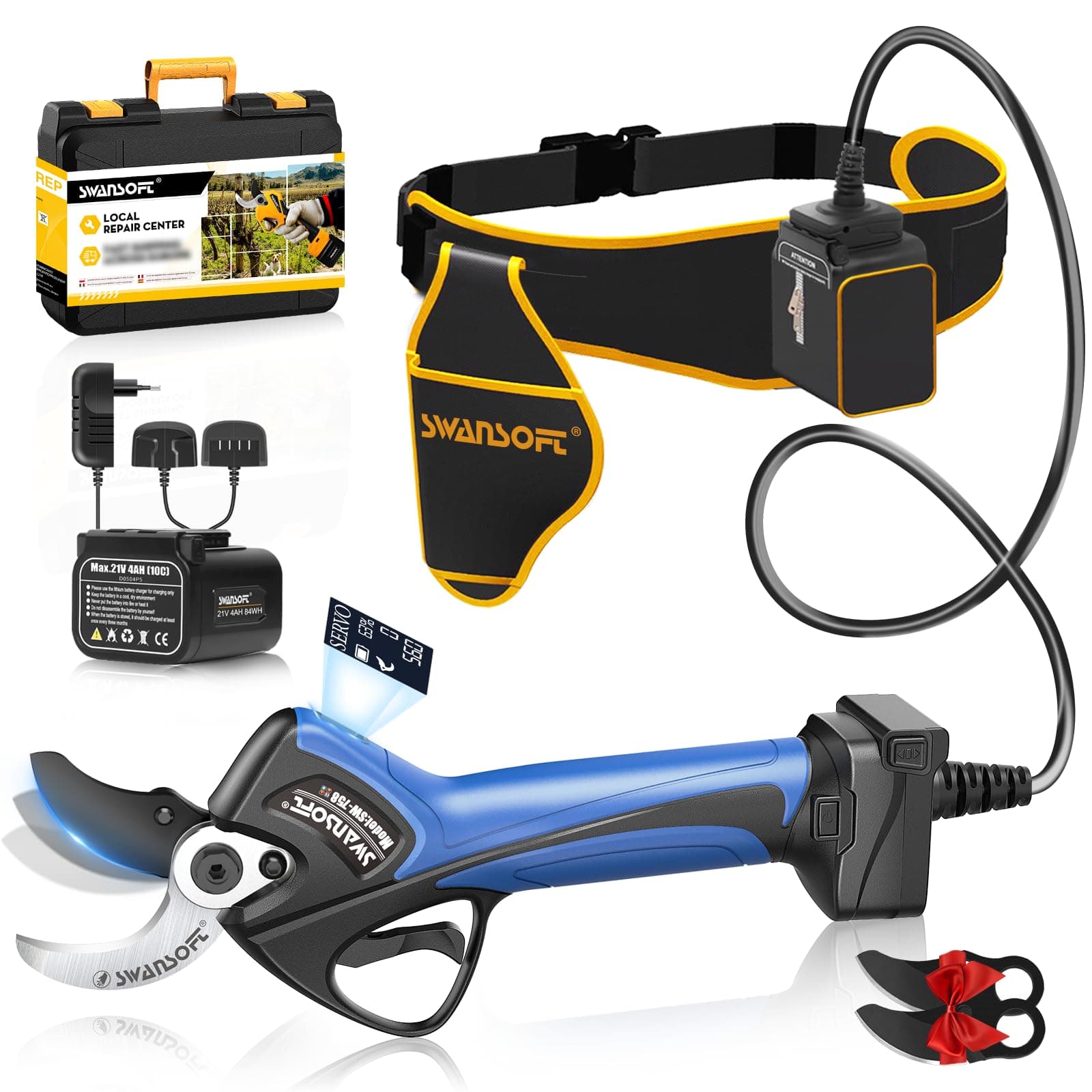 SWANSOFT Schrittweise Aktualisierung 21V Elektrische Gartenschere 1050W, 4000mAh Akku x2, Bürstenloser Motor LCD Display
