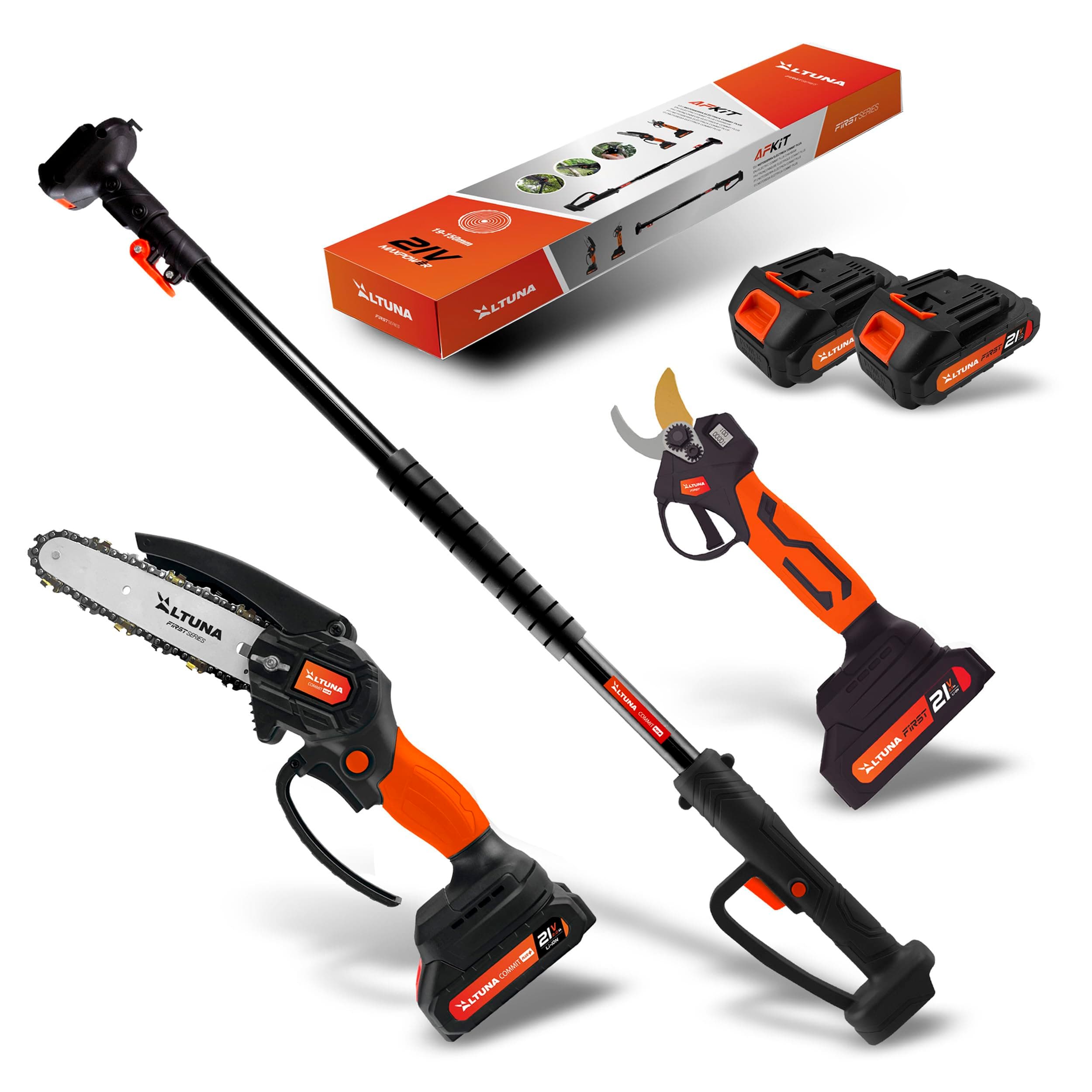 Altuna Akku-Gartenschere KitTitan - Elektrische Kettensäge + Elektrische Gartenschere + Teleskopstange 1,63 Meter + 2 Ak