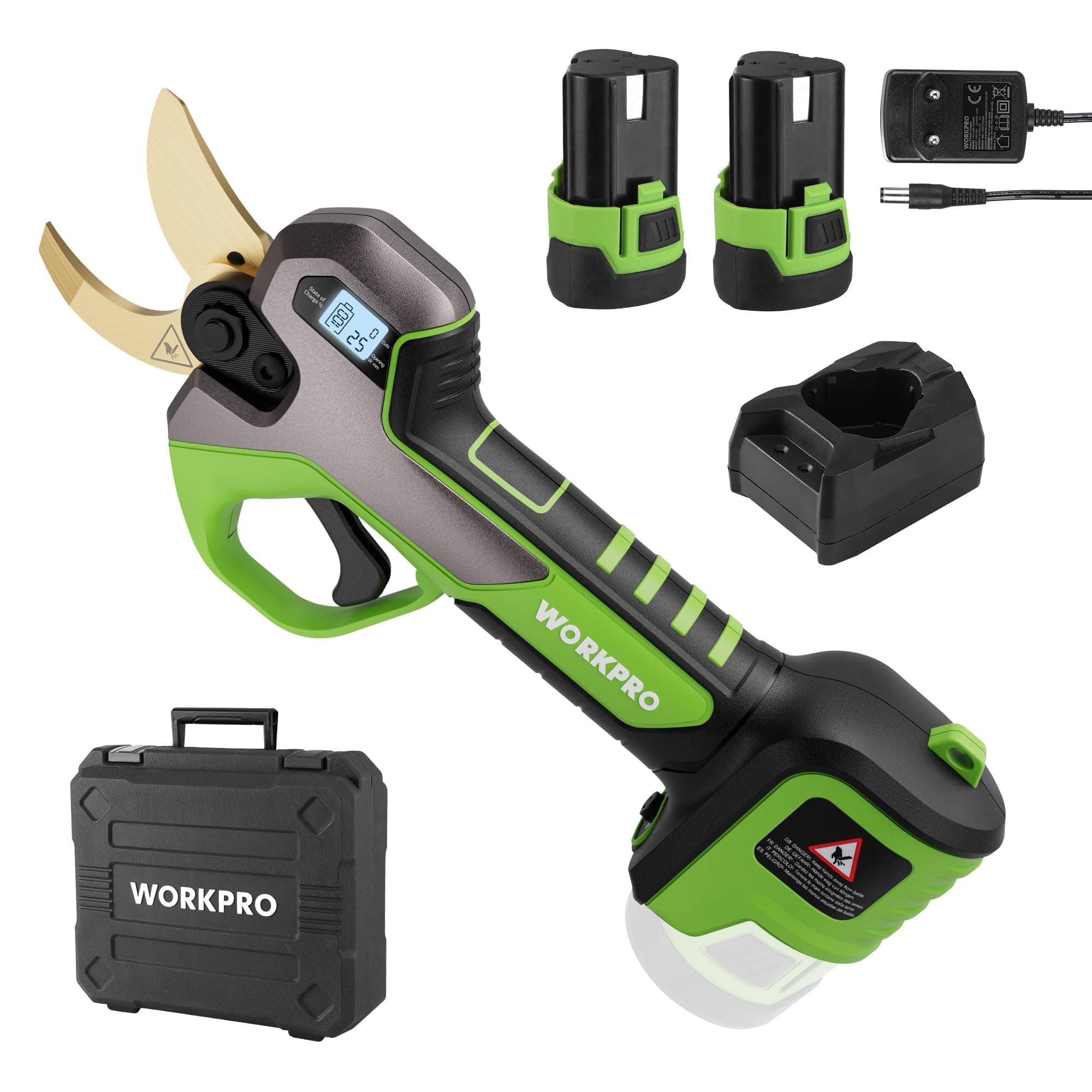 WORKPRO 12V Akku Heckenschere mit bürstenlosem Motor, professionelle Gartenschere für Garten und Obstbäume, 2-Akku-Koffe