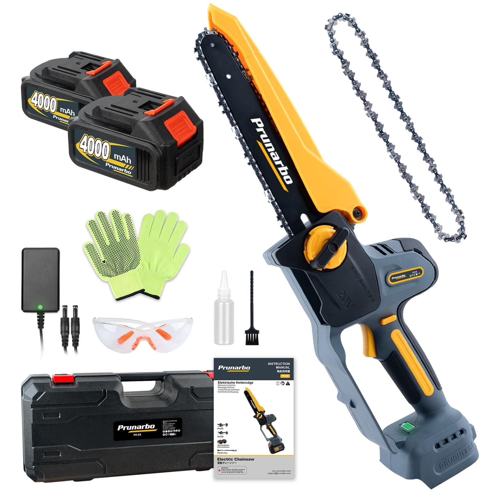 Prunarbo Akku-Kettensäge 900W Brushless PR-E8 - ideal für Gartenarbeit & Heimwerken & Holzbearbeitung 8" 2x |0Ah