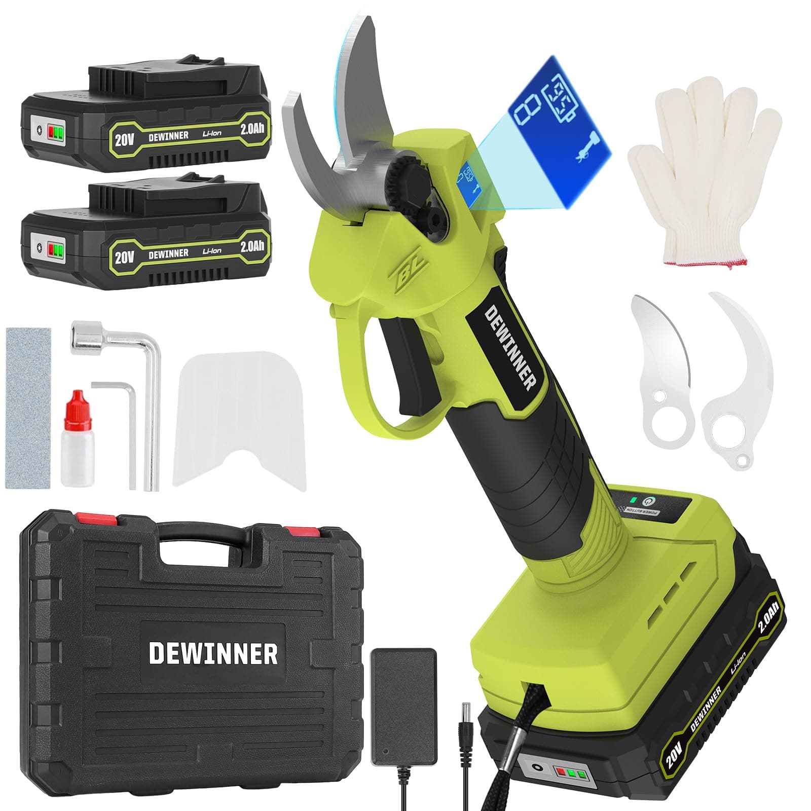 DEWINNER Akku Elektrische Gartenschere – Brushless Motor, SK5 Klinge, 25mm Schnitt, 2x2000mAh Akku, ideal für Bäume, Blu