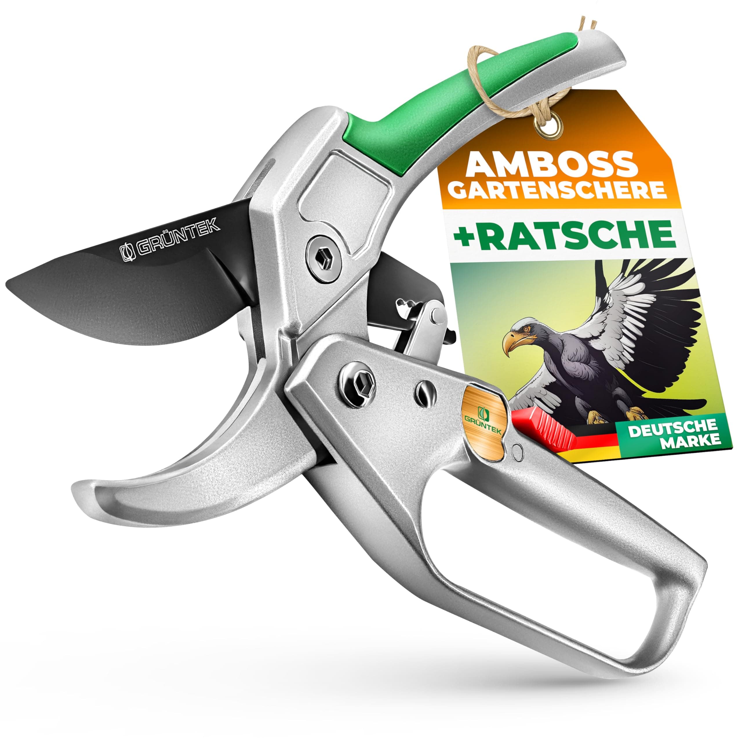 GRÜNTEK KONDOR Präzisionsschliff Astschere Amboss Ratschen-Gartenschere 200 mm - SK5-Klinge, Automatischer Ratschenmecha