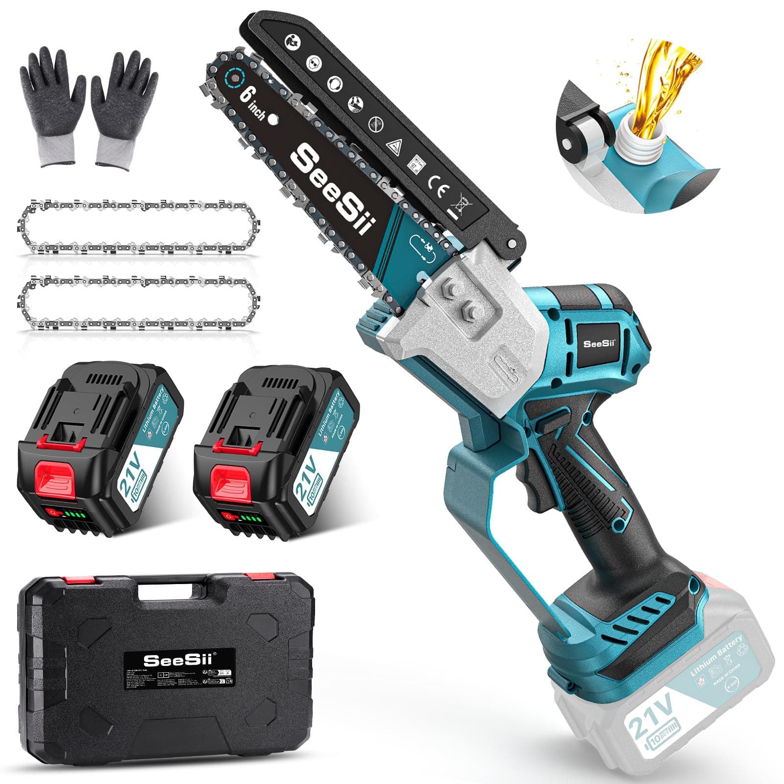 SEESII 18V Mini Kettensäge, Einhand Aufchargebare Säge mit Automatischem Ölversorgung, Ideal für Gartenarbeiten und Holz