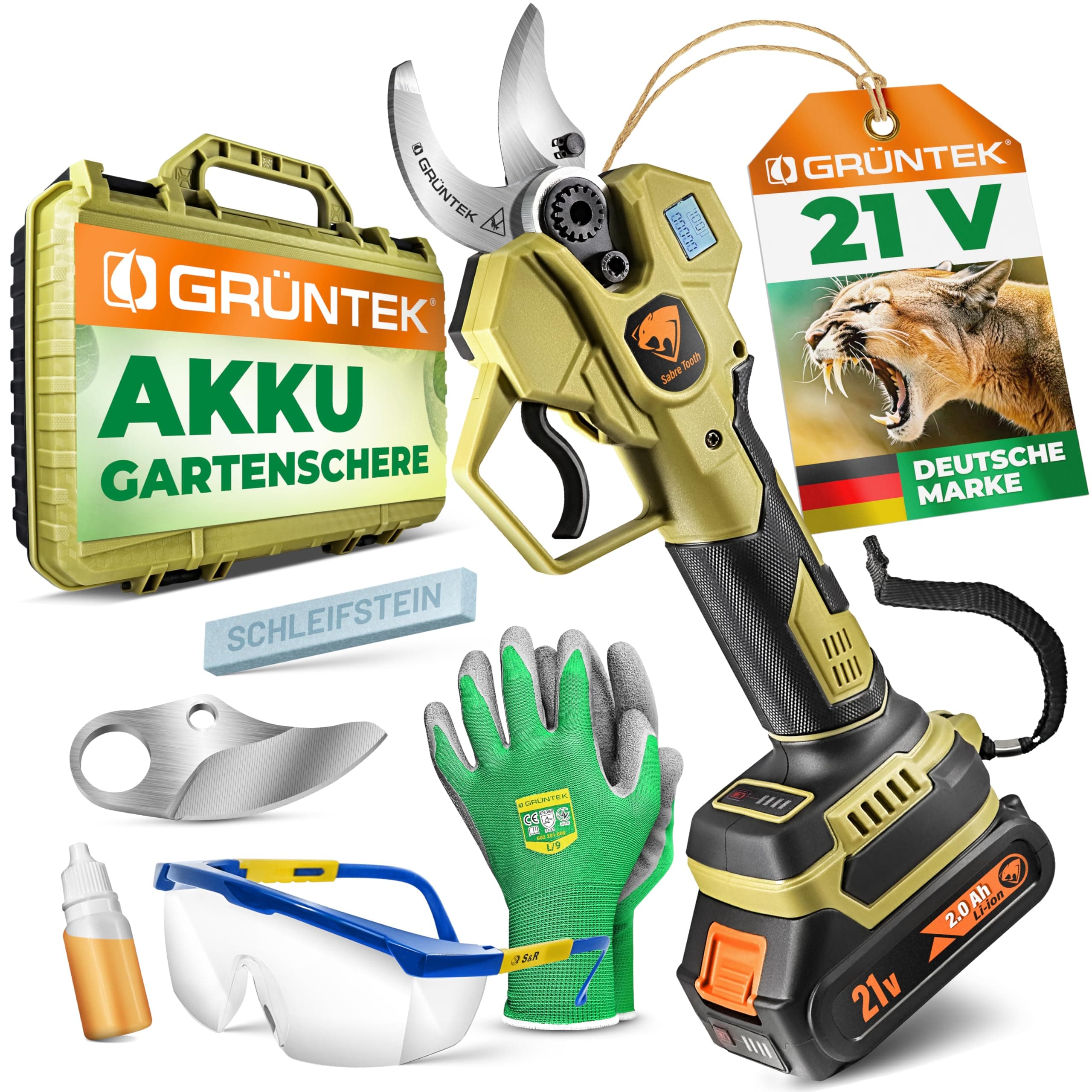 GRÜNTEK Akku Astschere 21V 2Ah Elektrische Gartenschere Makita-Kompatibel für Profis im Garten-Baumbestockung Sk5 Klinge