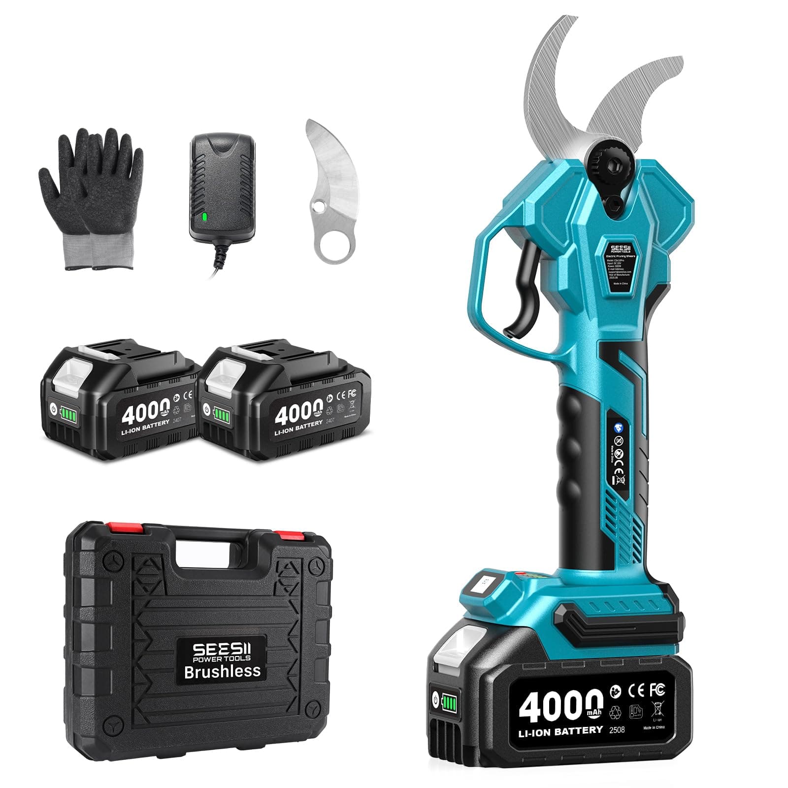 SEESII Akku Astschere CS440 – Bürstenloses elektrisches Gartengerät mit SK5-Klinge und 2 * 4000 mAh Akkus, für professio